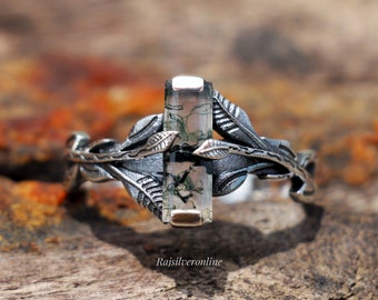 Moss Agate Ring: Handmade Sterling Silver Ring, Nature Tree Branch Jewelry