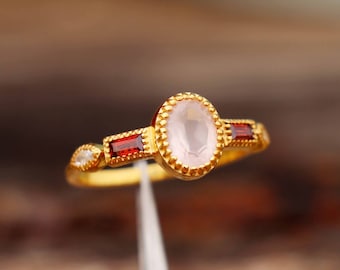 Handmade Rose Quartz and Garnet Ring: 18k Gold Plated Sterling Silver Solitaire Band, Minimalist Jewelry