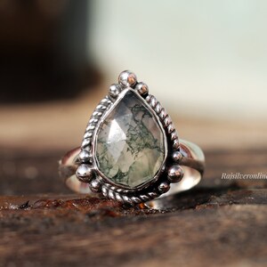 Anillo de ágata musgosa natural, anillo de plata de ley 925, anillo de diseño hecho a mano, anillo de plata con piedras preciosas, anillos para uso diario, anillo de bodas, regalo para ella