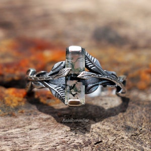 Natural Moss Agate Ring, 925 Sterling Silver Ring, Handmade Nature Inspired Jewelry, Silver Branch Ring Leave Ring, Anniversary Ring For Her