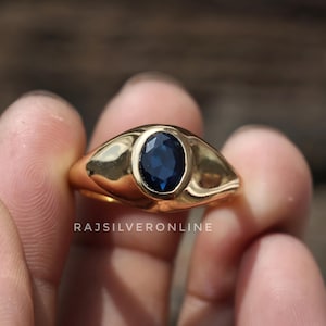 Blå safirring: 18K guldpläterad sterlingsilverring, elegant oval ädelstensarmband