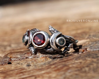 Crescent Moon Ring, Red Garnet Ring, Handmade Sterling Silver Band, Boho Nature-Inspired Jewelry