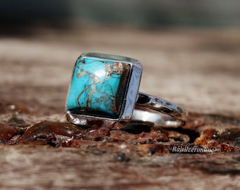 Handmade Blue Copper Turquoise Ring: Hammered 925 Sterling Silver Band, Boho Stacking Jewelry