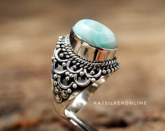 Natural Larimar Ring: Sterling Silver Filigree Designer Ring, Boho Oval Blue Gemstone Jewelry