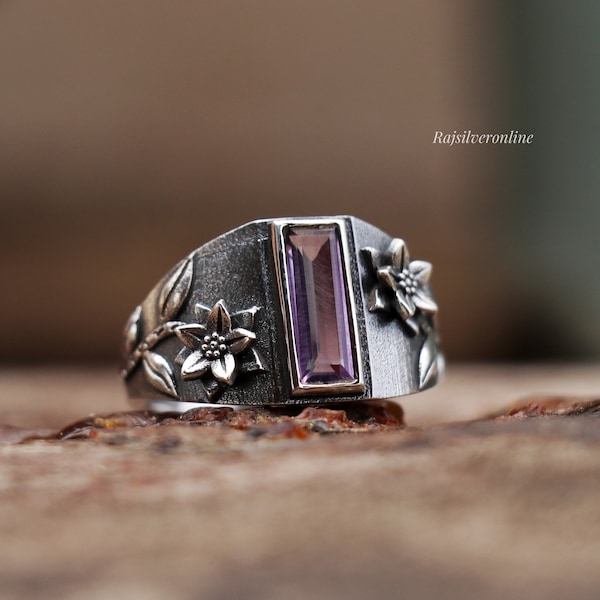 Amethyst Ring, Flower Band Ring, 925 Sterling Silver Ring, Handmade Ring, Wide Band, Oxidized Ring, Wedding Ring, Birthday Ring, Gift Women