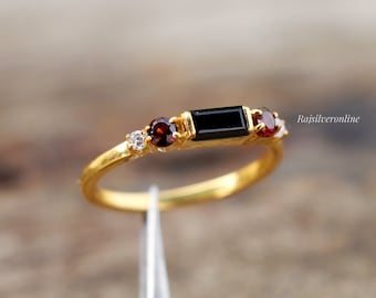 Black Onyx Ring: 18k Gold Plated Sterling Silver, Garnet-White Topaz Accents, Women's Solitaire Ring