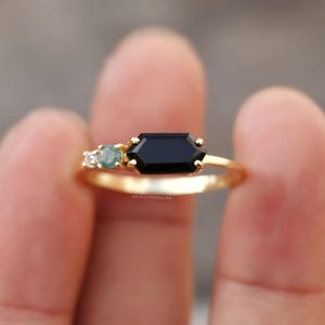 Handmade Black Onyx Ring: Gold Plated-Sterling Silver Stacking Ring, Hexagon Gemstone Band, Wedding Jewelry