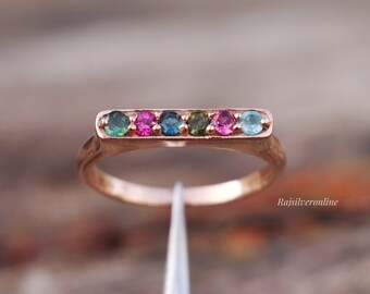 Tourmaline Ring: 18k Rose Gold Plated Sterling Silver Multi Color Gemstone Ring, Solitaire Band