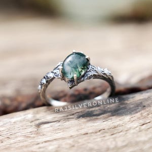 Anello in agata muschiata naturale: fascia a ramoscello in argento sterling, anello di fidanzamento fatto a mano, gioielli boho