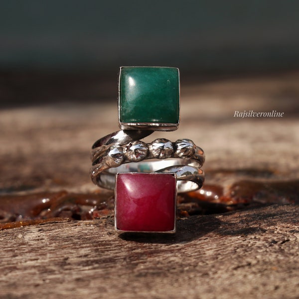 Indian Emerald & Ruby Ring, Square Stones Ring, 925 Sterling Silver Ring, Handmade Ring, Wrapped Band Ring, Women Wedding Ring, Gift For Her