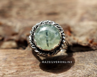 Handmade Green Prehnite Ring, Bezel Set Sterling Silver