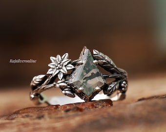 Kite Cut Moss Agate Ring: Sterling Silver Flower Twig Band