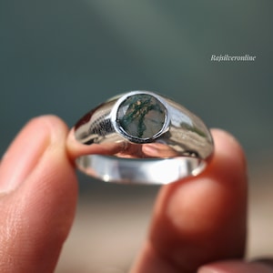 Handmade Moss Agate Ring: Men's Sterling Silver Band, Round Gemstone Ring, Bohemian Wedding Jewelry