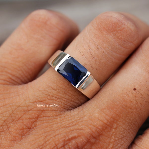 Natürlicher Saphir Ring, Herrenring, 925 Sterling Silber Ring, Handgemachter Ring, Versprechen Ring, Blauer Saphir Ring, Ehering, Geschenk für Sie/Ihn