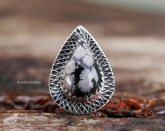 Snowflake Obsidian Ring, Pear Stone, Sterling Silver, Bohemian Ring