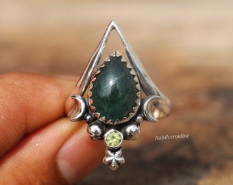 Anillo esmeralda indio, anillo de luna creciente, anillo de plata de ley 925, anillo celestial, anillo moderno, anillo hecho a mano, anillo de piedra verde de regalo de boda