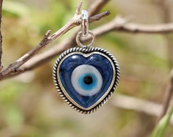 Evil Eye Pendant, Heart Necklace, 925 Sterling Silver Necklace, Handmade Necklace, Minimalist Jewelry, Anniversary Pendant, Gift For Her/Him