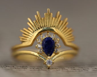 Handmade Lapis Lazuli Sunrise Ring: 18k Gold Plated Sterling Silver, Women Wedding Jewelry