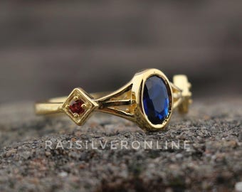 Handmade Oval Blue Sapphire Ring: 18k Gold Plated Sterling Silver Garnet Accents