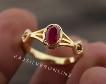 Rubin und Granat Ring: Vergoldetes Sterlingsilber Band, Handgemachter ovaler Edelstein, Damen Hochzeitsschmuck