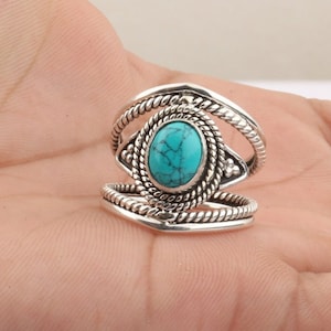 Genuine Blue Turquoise Ring, Oval Copper Turquoise Ring, 925 Sterling Silver Ring, Natural Gemstone Ring, Handmade Ring, Gift For Women