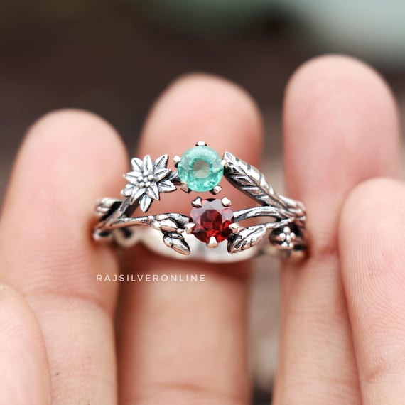 Emerald & Garnet Silver Branches Ring: Handmade 925 Sterling Silver Jewelry
