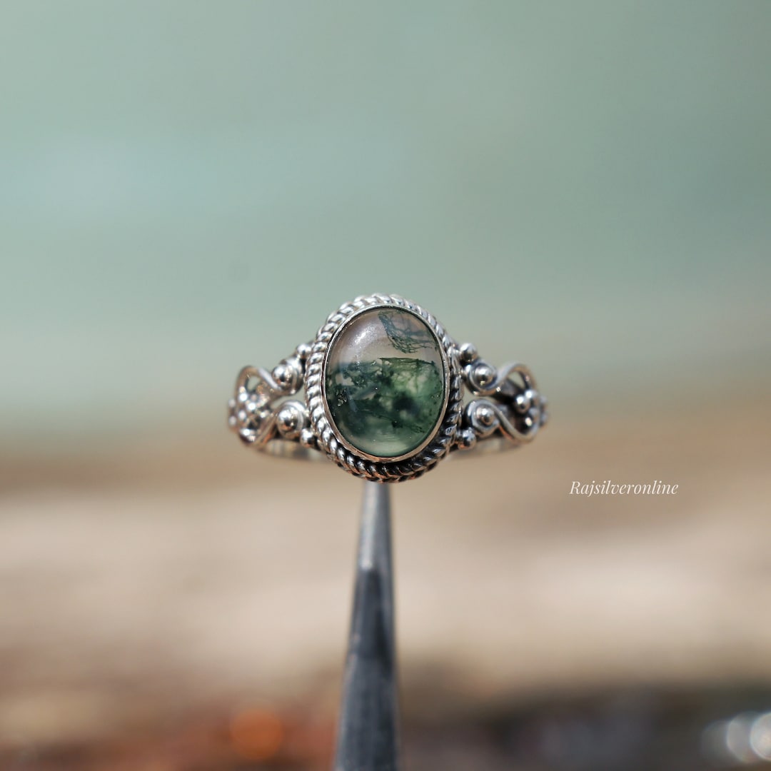 Handmade Moss Agate Ring: Oval Green Gemstone, Sterling Silver Designer ...