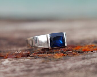 Blue Sapphire Ring: 925 Sterling Silver Solitaire, Men's Wedding Band,  Statement Ring
