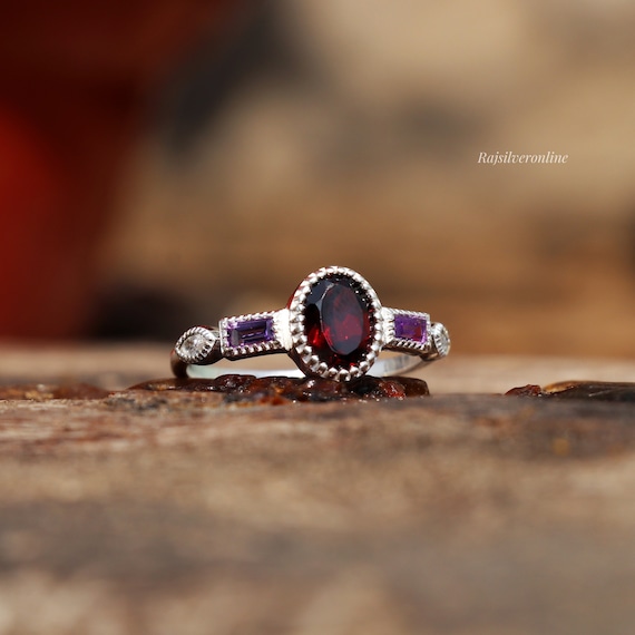 Garnet Amethyst Ring Engagement Ring 925 Sterling Silver Ring Designer Ring Handmade Ring Solitaire Ring Wedding Ring Gift for Her Etsy