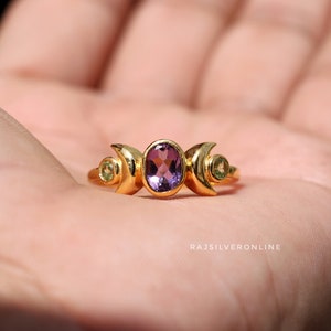 Amethyst & Peridot Ring, Crescent Moon Ring, 18k Gold Plated, 925 Sterling Silver Ring, Handmade Ring, Wedding Ring, Birthday Gift For Her