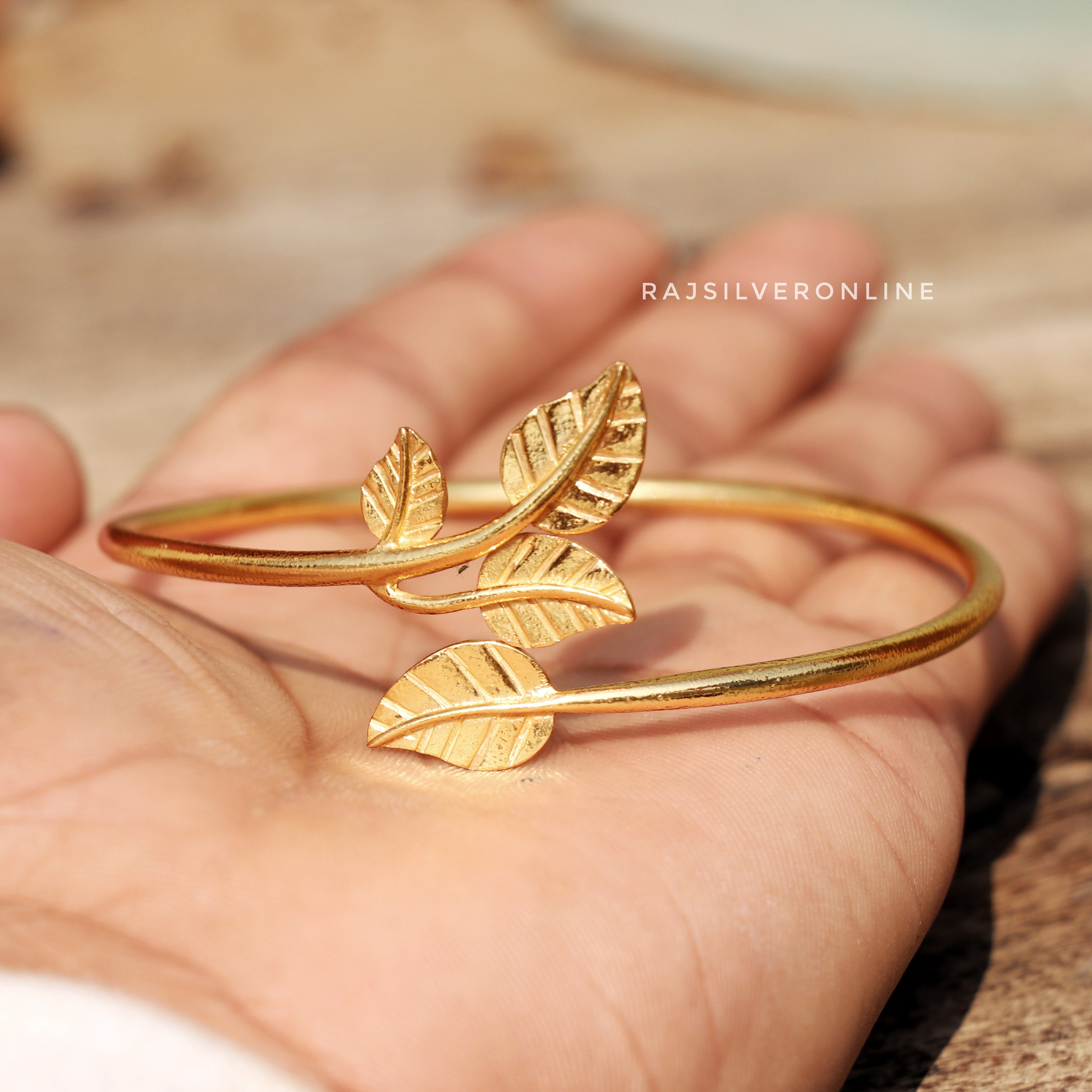 Leaf Bangle 18k Gold Plated: Handmade Sterling Silver Adjustable