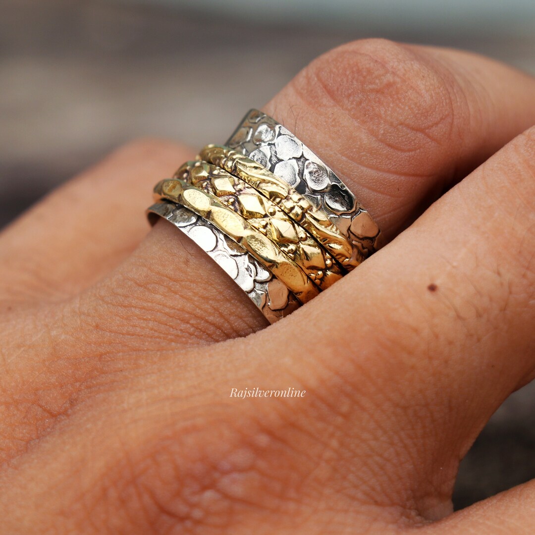 Handmade Sterling Silver Spinner Ring: Two-tone Wide Band Fidget Ring ...