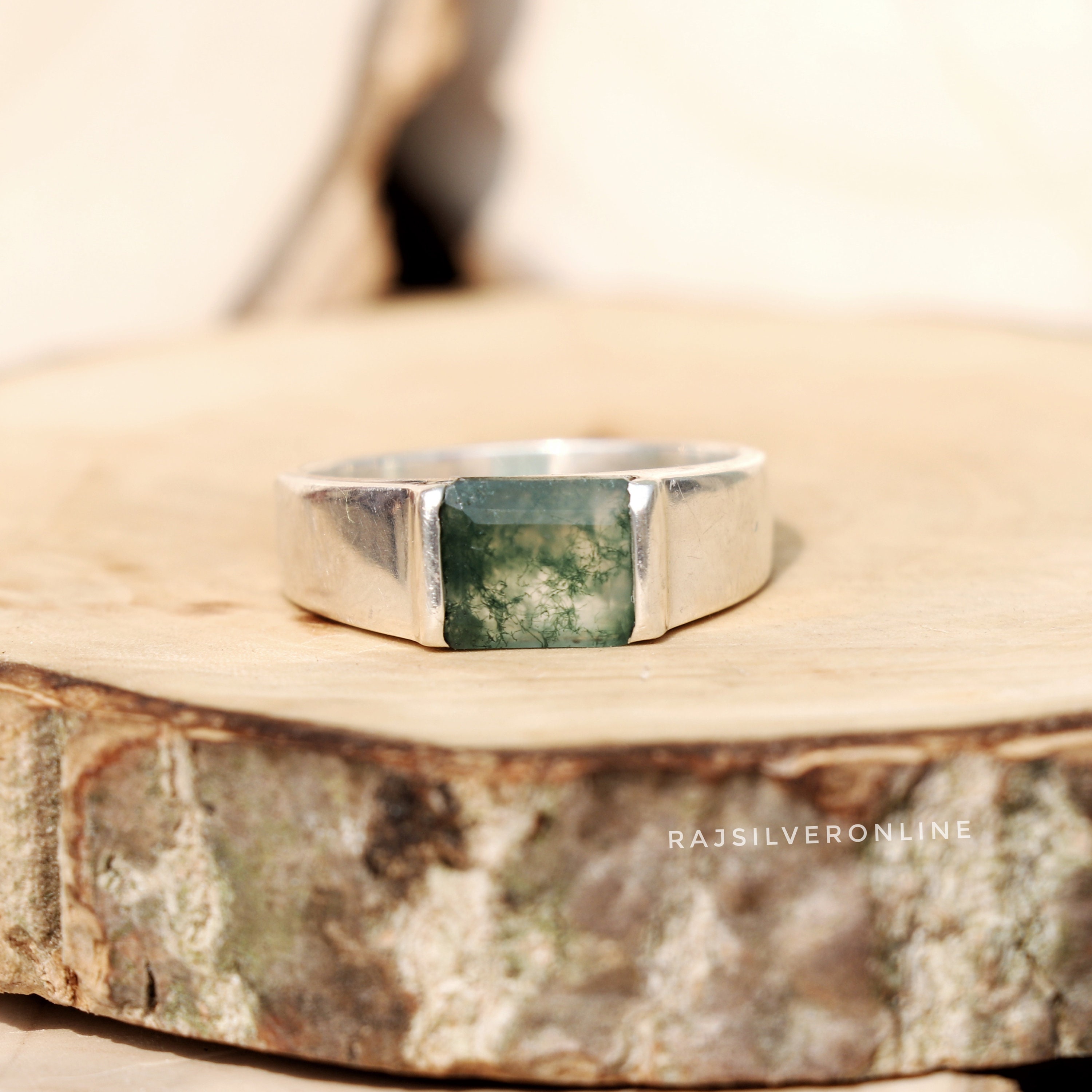 エメラルドモスアゲートリング：ハンドメイド925スターリング