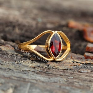 Natural Garnet Ring, 18k Gold Vermeil, Birthstone Ring, Anniversary Jewelry, Wedding Ring, Dainty Women&#39;s Ring, Marquise Red Garnet Ring