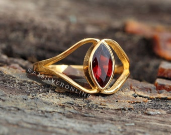 Bague grenat naturel, vermeil en or 18 carats, bague en pierre de naissance, bijoux d’anniversaire, bague de mariage, bague pour femme délicate, bague grenat rouge marquise