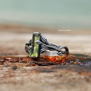 Silver Tree Branch Ring, Peridot Ring, Twig Stone Ring, 925 Sterling Silver Ring, Handmade Nature Inspired Ring, Rectangle Bar Gemstone Ring