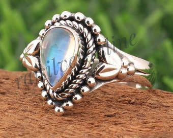 Anello in pietra di luna arcobaleno naturale, anello in argento sterling 925, anello fatto a mano, anello in pietra di luna con taglio a pera, anello in pietra di luna arcobaleno, anello per donna