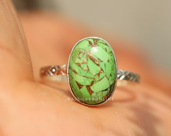Green Copper Turquoise Ring, Oval Sterling Silver Gemstone, Handmade Jewelry