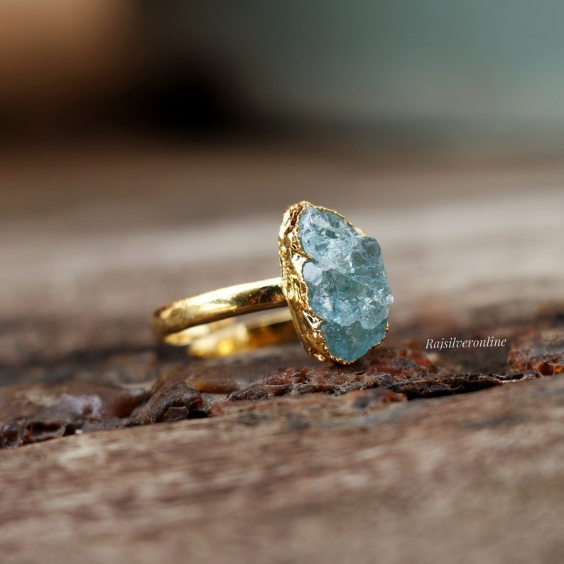 Raw Aquamarine Ring, Gold Vermeil 925 Sterling Silver Ring, Uncut Gemstone Ring, Handmade Ring, Rough Aquamarine Ring, Birthday Gift For Her image 8