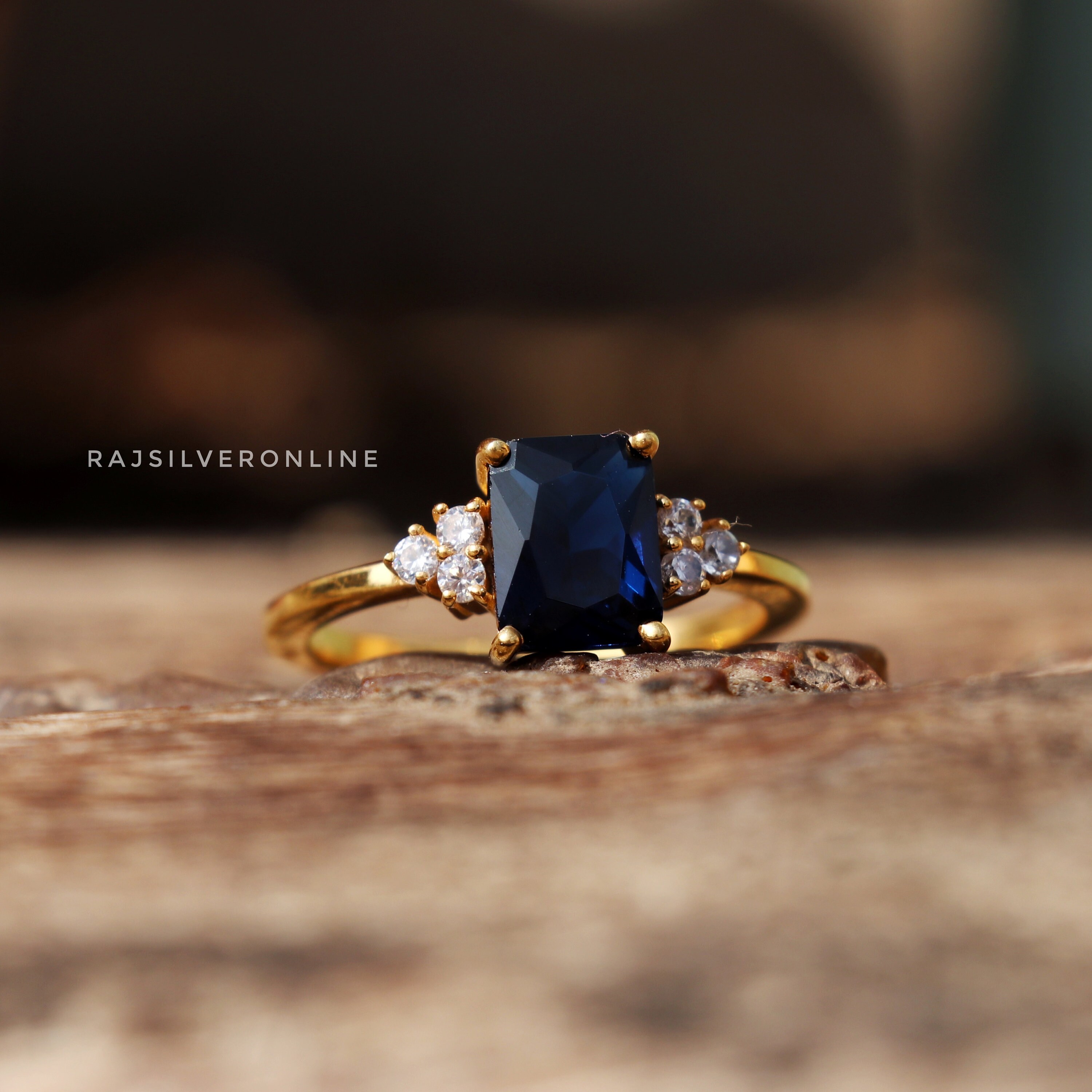 Bague En Argent Sterling 925 Plaqué Or 24K Saphir Bleu 9,08 Ct - Taille 6, Vintage