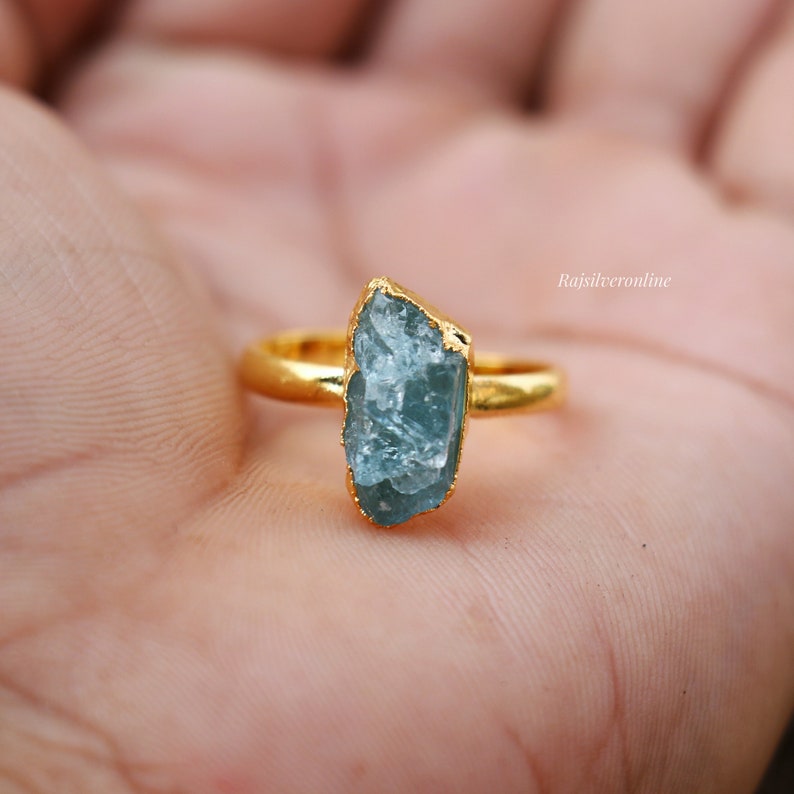 Raw Aquamarine Ring, Gold Vermeil 925 Sterling Silver Ring, Uncut Gemstone Ring, Handmade Ring, Rough Aquamarine Ring, Birthday Gift For Her image 1