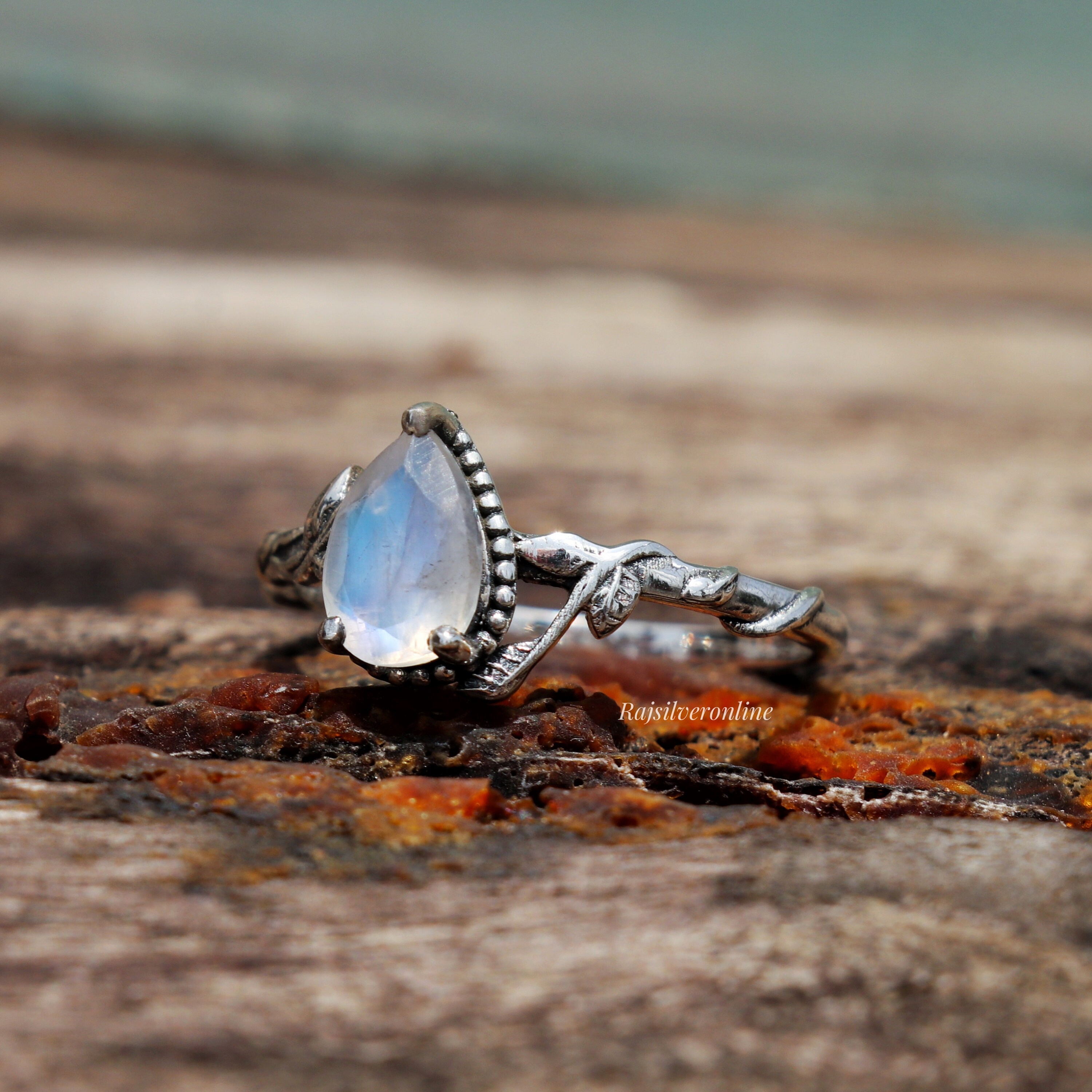 Bague Vintage Plaqué Argent 925 Avec Pierre De Lune Naturelle - Taille 53 - Style Solitaire