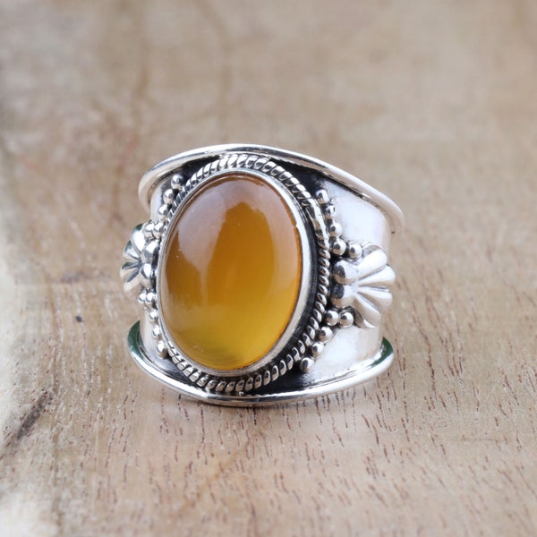 Yellow Agate Gemstone Ring, Wide Band Ring, Handmade Ring, 925 Sterling Silver Ring, Bohemian Ring, Wedding Ring, Anniversary Gift For Her