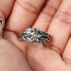 Anillo de ramas de plata, anillo de ágata de musgo, anillo de plata de ley 925, joyería inspirada en la naturaleza hecha a mano, anillo de hojas, anillo de regalo de cumpleaños para ella imagen 5