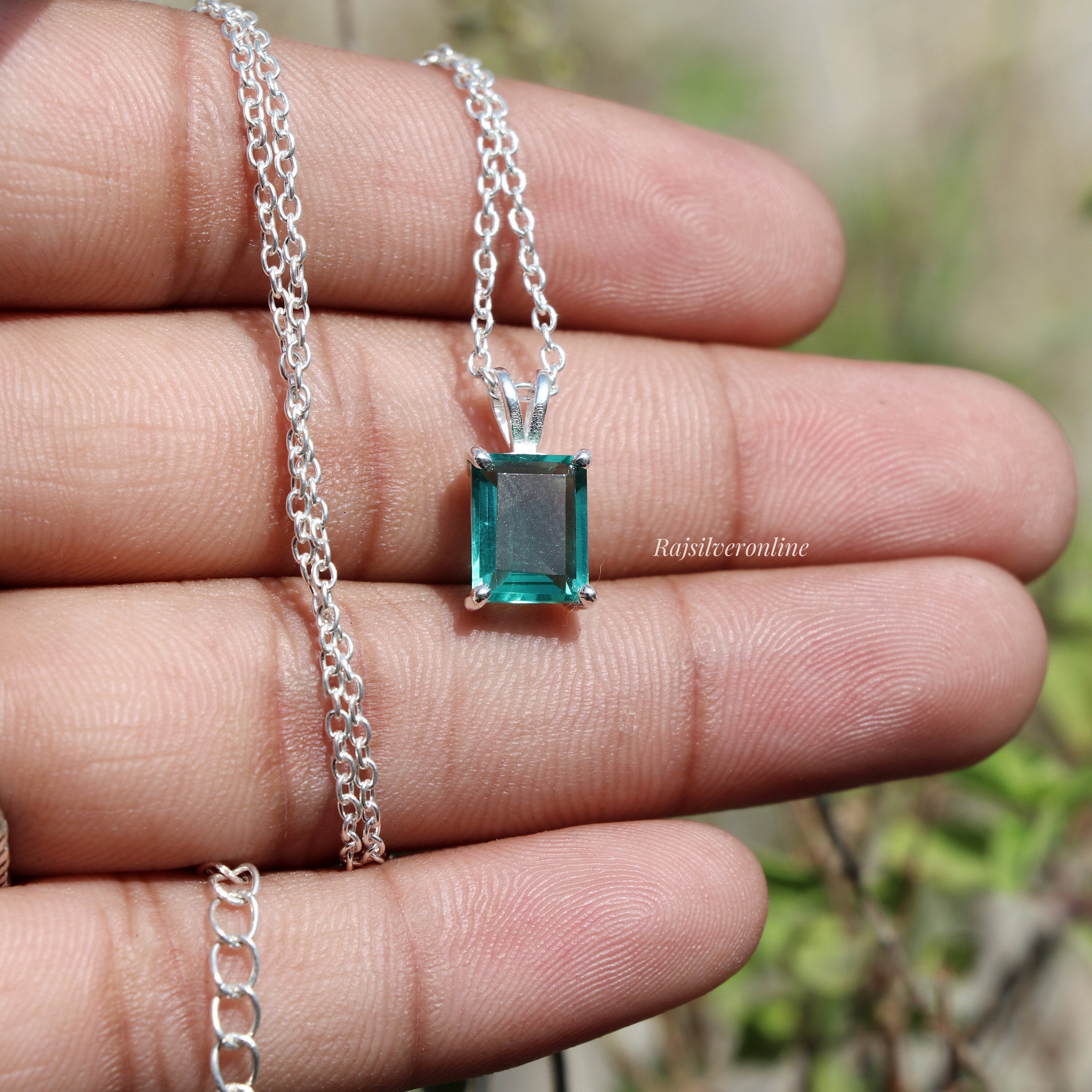 Emerald Pendant, 925 Sterling Silver Necklace, Handmade