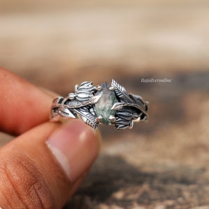 Anillo de ramas de plata, anillo de ágata de musgo, anillo de plata de ley 925, joyería inspirada en la naturaleza hecha a mano, anillo de hojas, anillo de regalo de cumpleaños para ella imagen 4