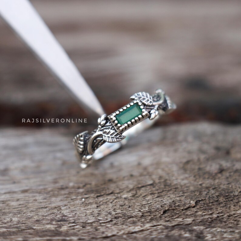 Green Onyx Ring, Branches 925 Sterling Silver Ring, Women Stacking Ring