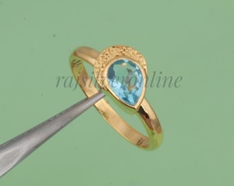 Natural Blue Topaz Ring, 18k Gold Plated Ring, Handmade Ring, Blue Topaz Gold Ring, Tear Drop Cut Blue Gemstone Ring, Gold Ring Gift For Her