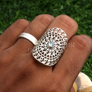 Sterling Silver Mandala Ring: Rainbow Moonstone Filigree, Seed Of Life Jewelry