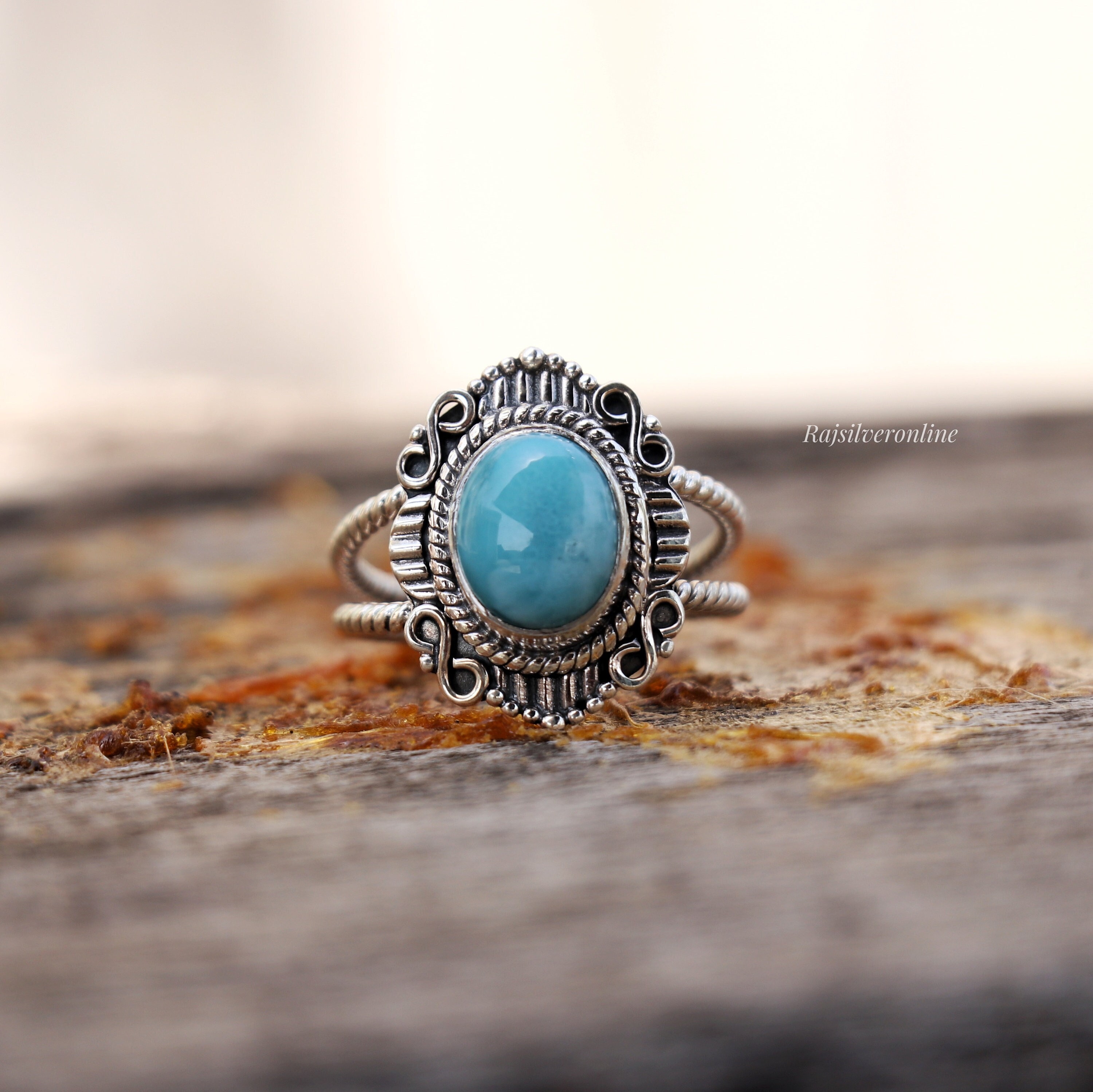 ハンドメイド ラリマーシルバーリング ハンドメイドラリマーリング、925スターリングシルバー、ブルー
